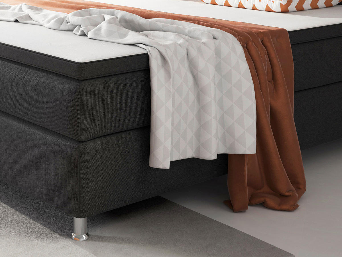 BOXSPRINGBETT 180/200 cm,  in Schwarz, Matratze, gepolstertes Kopfteil, Topper, H3 + H3 = fest  - Silberfarben/Schwarz, KONVENTIONELL, Textil/Metall (180/200cm) - MID.YOU