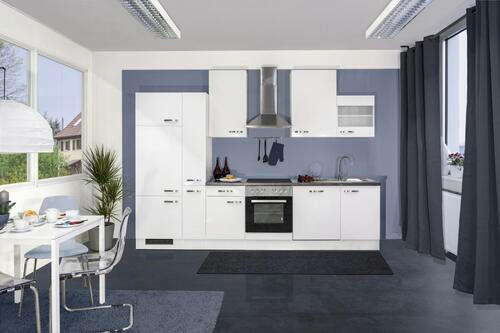 KÜCHENBLOCK 310 cm   in Weiß, Weiß Hochglanz  - Schieferfarben/Edelstahlfarben, MODERN, Holzwerkstoff/Metall (310cm) - FlexWell