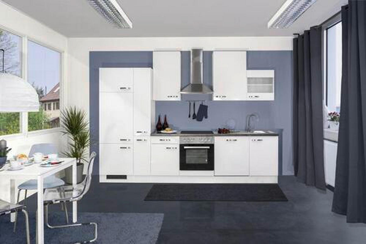 KÜCHENBLOCK 310 cm   in Weiß, Weiß Hochglanz  - Schieferfarben/Edelstahlfarben, MODERN, Holzwerkstoff/Metall (310cm) - FlexWell