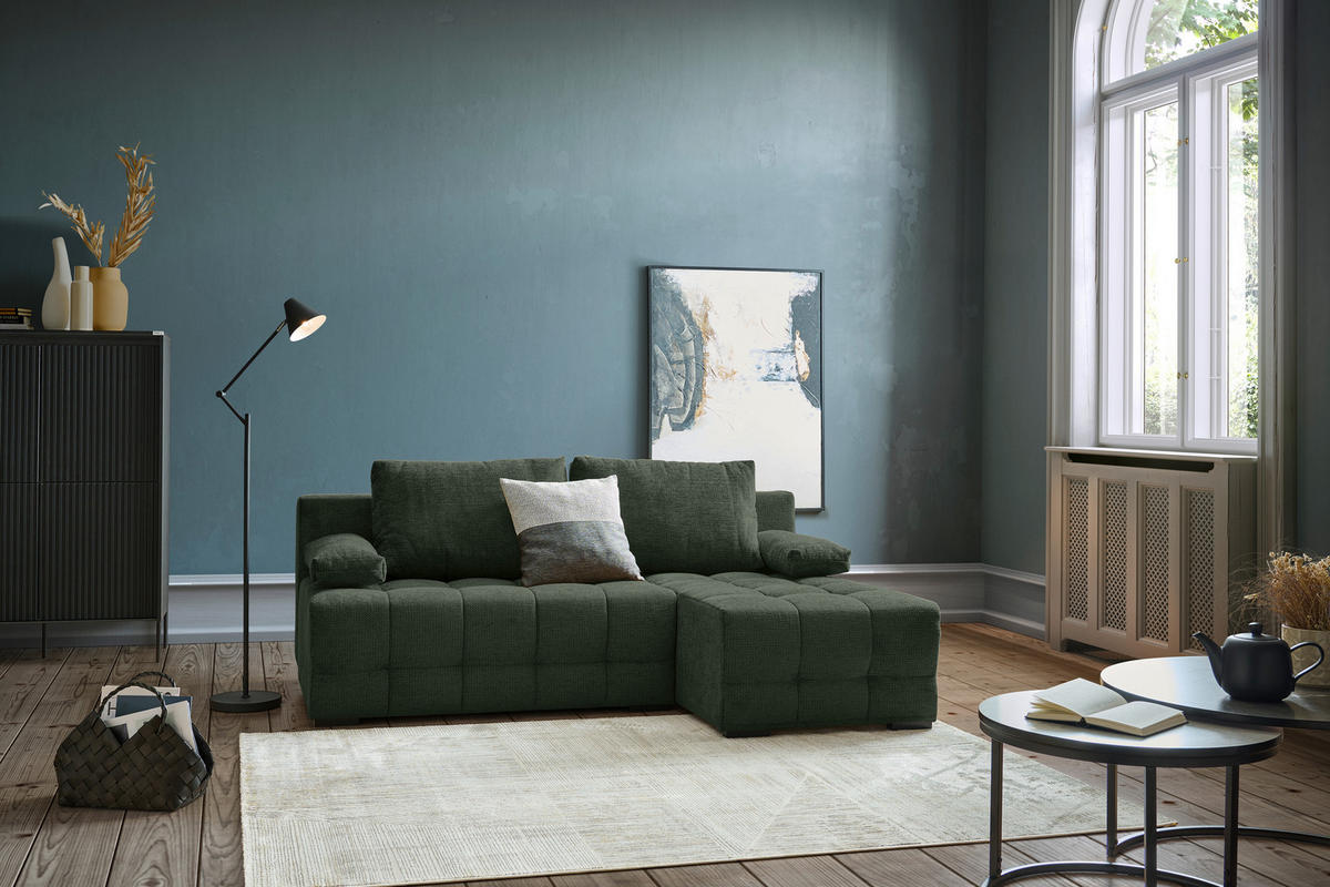 ECKSOFA in Chenille Dunkelgrün  - Dunkelgrün/Schwarz, MODERN, Kunststoff/Textil (204/145cm) - home24