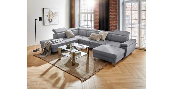 WOHNLANDSCHAFT inkl.Funktionen Hellgrau Webstoff - Silberfarben/Hellgrau, Design, Textil/Metall (226/320/168cm) - Xora