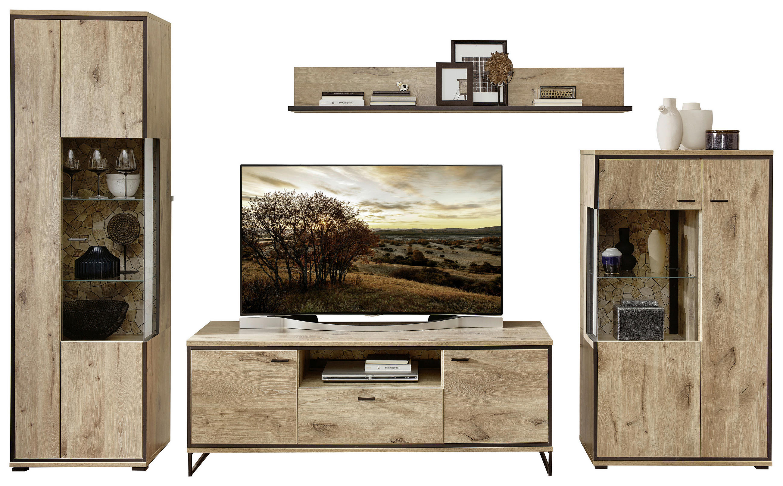 WOHNWAND  in Schwarz, Eichefarben  330/205/49 cm  - Eichefarben/Schwarz, KONVENTIONELL, Glas/Holzwerkstoff (330/205/49cm) - Livetastic