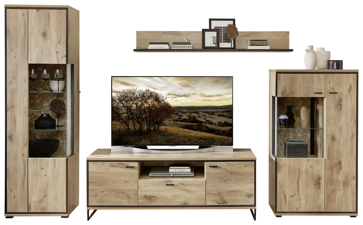 WOHNWAND  Schwarz, Eichefarben 330/205/49 cm  - Eichefarben/Schwarz, Konventionell, Glas/Holzwerkstoff (330/205/49cm) - Livetastic