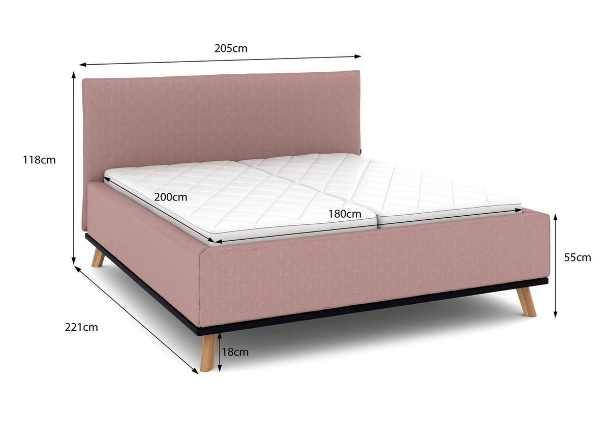 POLSTERBETT Matratze, Lattenrost, Bettkasten 180/200 cm  in Altrosa  - Eichefarben/Altrosa, Design, Holz/Textil (180/200cm) - Musterring