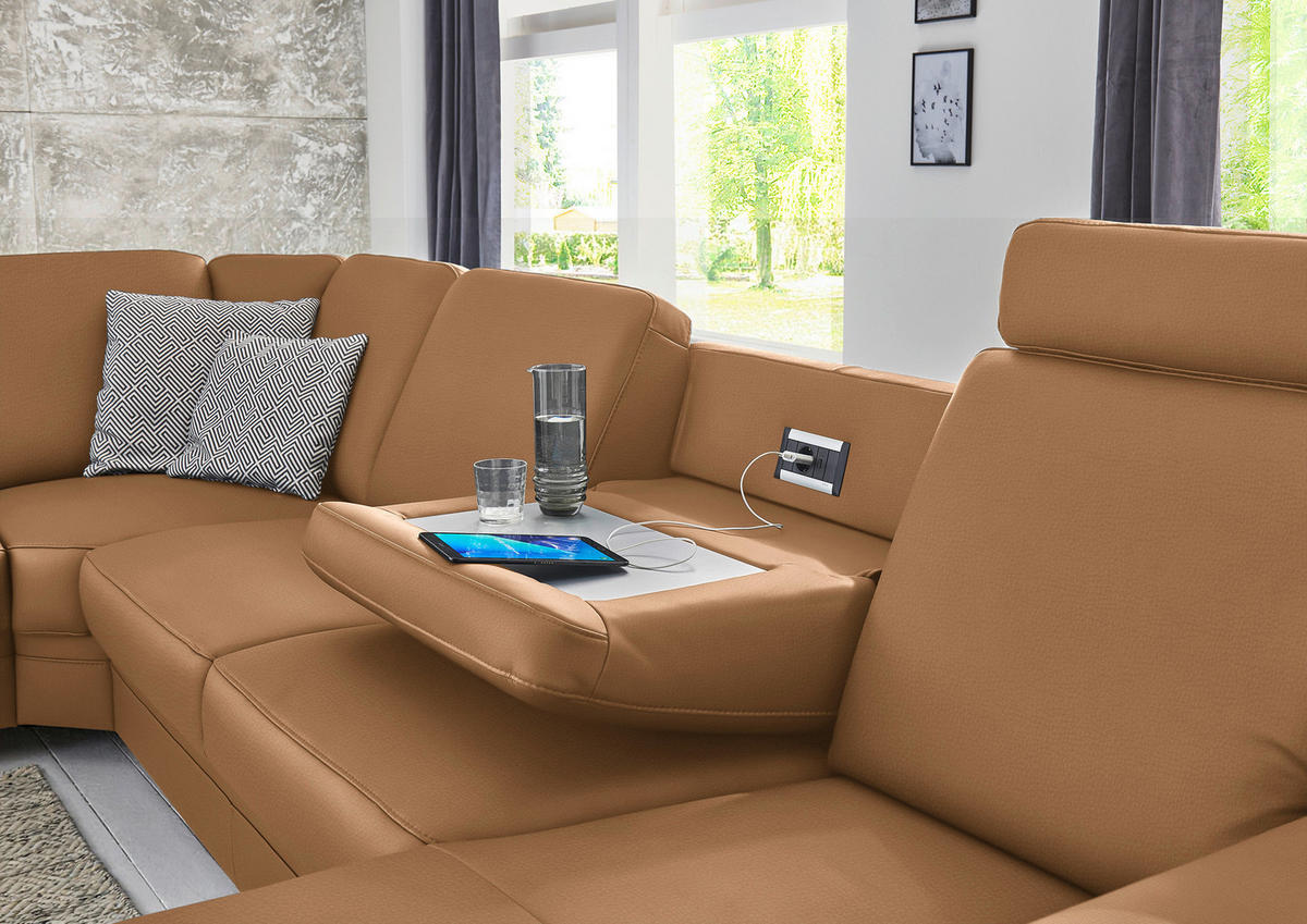 WOHNLANDSCHAFT Echtleder Hellbraun  - Hellbraun/Alufarben, Konventionell, Leder/Metall (239/329/165cm) - Beldomo Premium