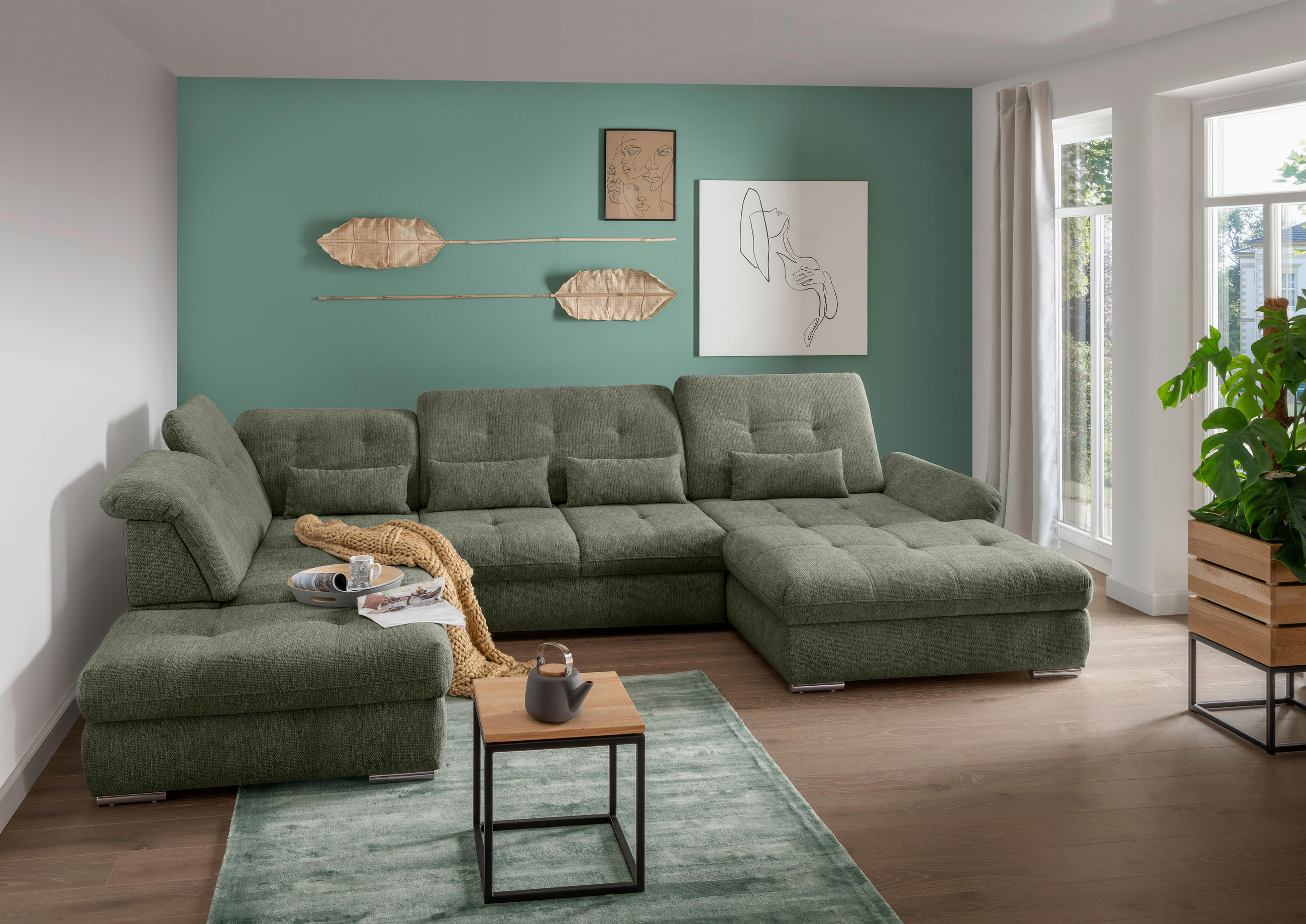 WOHNLANDSCHAFT in Chenille Dunkelgrün  - Chromfarben/Dunkelgrün, Design, Textil/Metall (254/376/195cm) - Livetastic