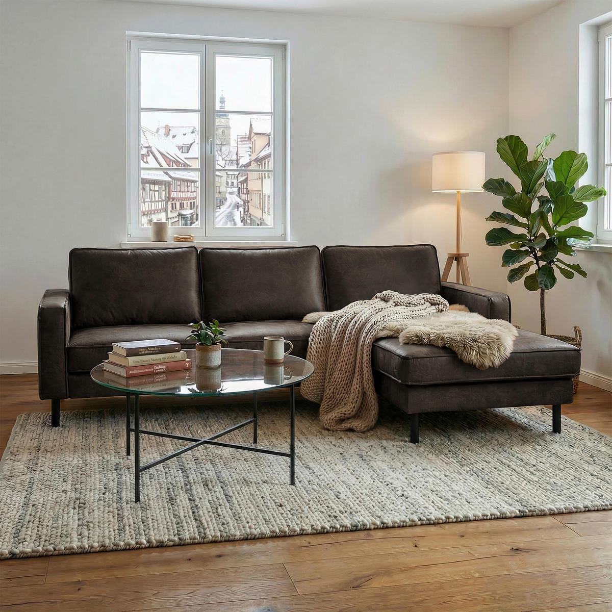 ECKSOFA Echtleder Fango  - Fango/Schwarz, Design, Leder/Metall (166/238cm) - Livetastic