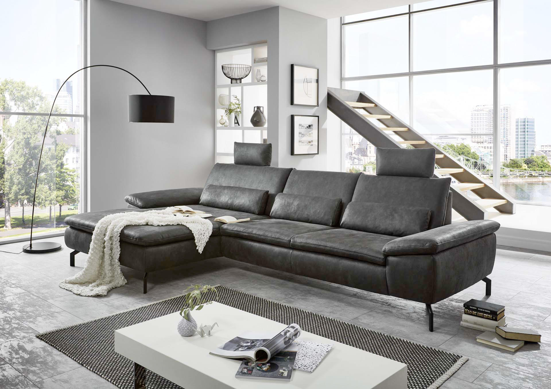 ECKSOFA Anthrazit Mikrofaser  - Anthrazit/Schwarz, Design, Textil/Metall (181/341cm) - Dieter Knoll