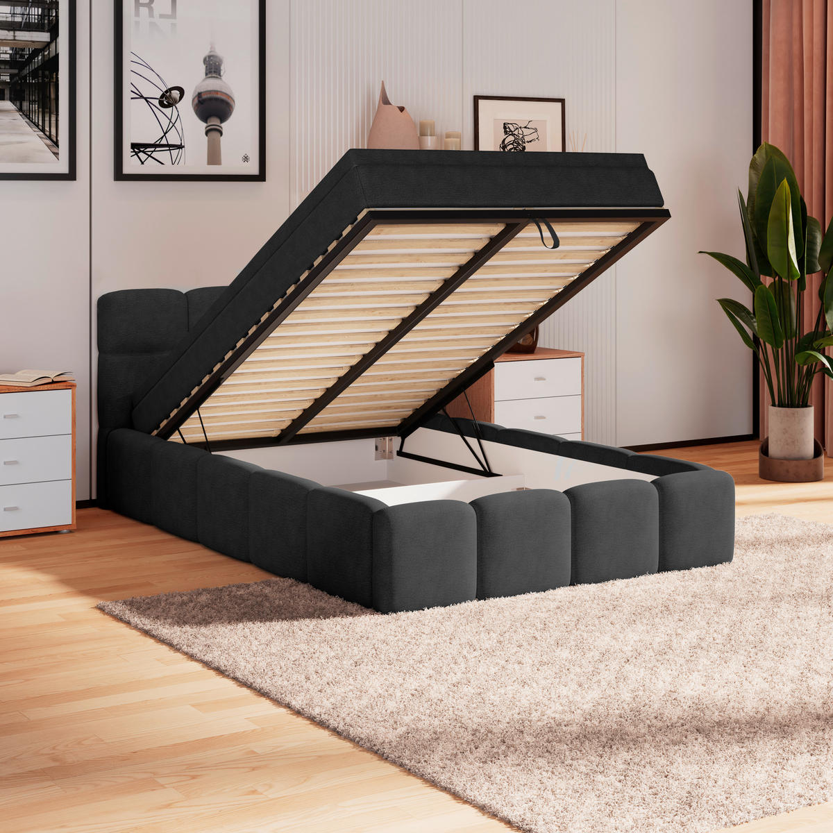 POLSTERBETT  in Schwarz, Matratze, Bettkasten, H3 = fest  - Schwarz, Trend, Kunststoff/Textil (140/200cm)
