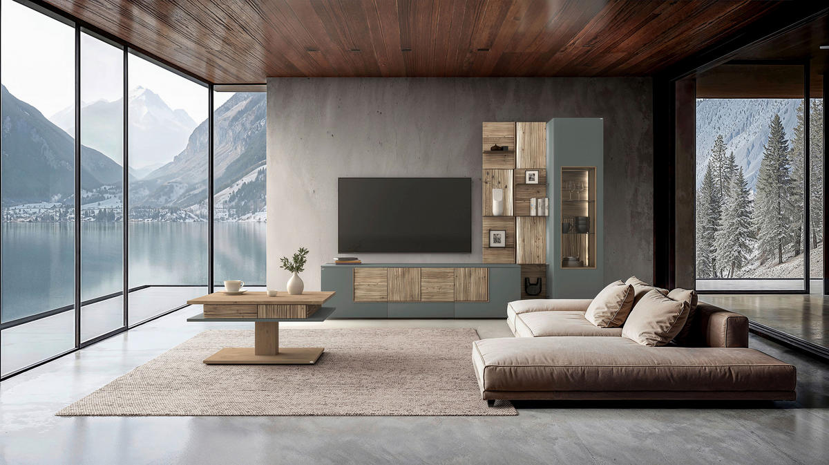 WOHNWAND VLACERA LIVING  in Grau, Olivgrün, Wildeiche  272/196/50 cm  - Wildeiche/Olivgrün, Design, Glas/Holz (272/196/50cm) - Voglauer