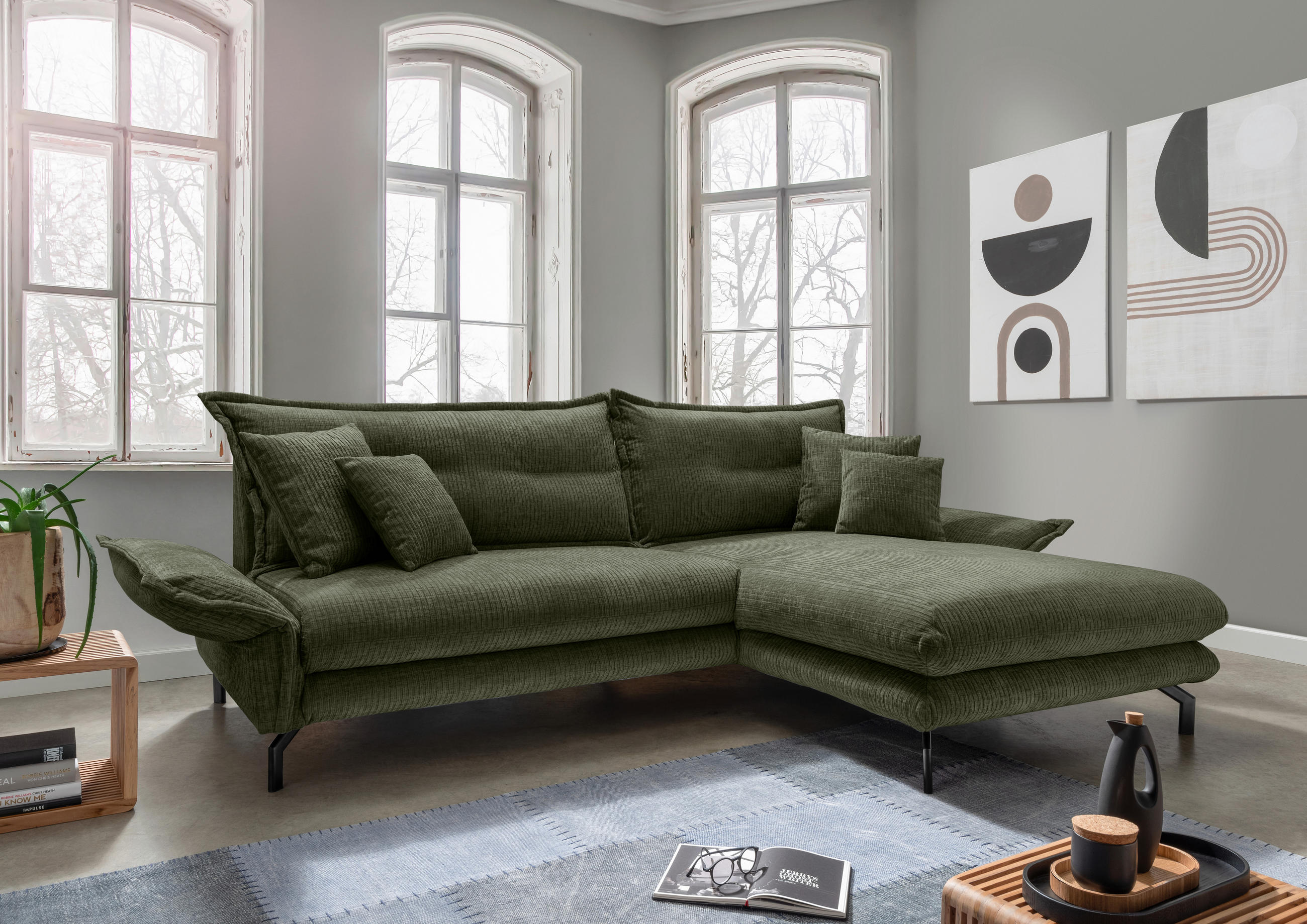 ECKSOFA in Velours Olivgrün  - Schwarz/Olivgrün, Design, Textil/Metall (255/180cm) - Livetastic