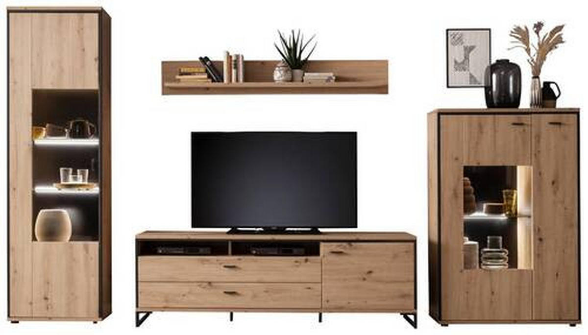 WOHNWAND  359/210/50 cm  in Anthrazit, Eichefarben  - Eichefarben/Anthrazit, Design, Glas/Holzwerkstoff (359/210/50cm) - MID.YOU