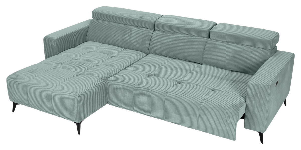 ECKSOFA Mintgrün Cord Rücken echt, Kopfteilverstellung, Sitzvorzug  - Schwarz/Mintgrün, KONVENTIONELL, Textil/Metall (170/257cm) - Carryhome