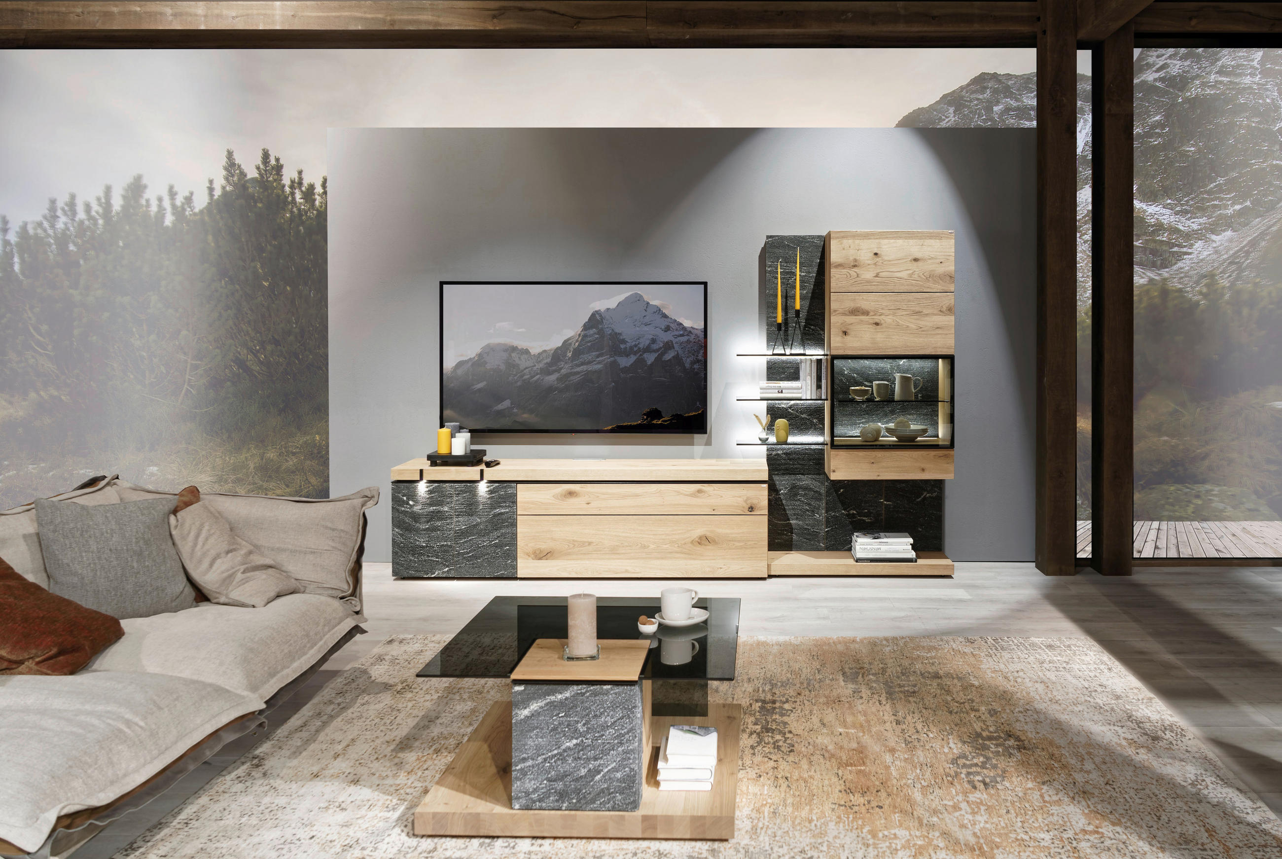 ANSAMBLU MOBILIER CAMERA DE Z in grafit, culoare lemn stejar  - culoare lemn stejar/grafit, Design, sticlă/lemn (288/180/43cm) - Voglauer