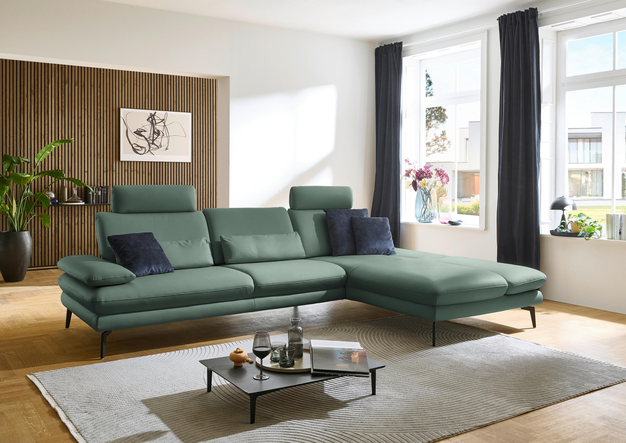 ECKSOFA in Echtleder Opal  - Opal/Schwarz, Design, Leder/Metall (308/195cm) - Dieter Knoll