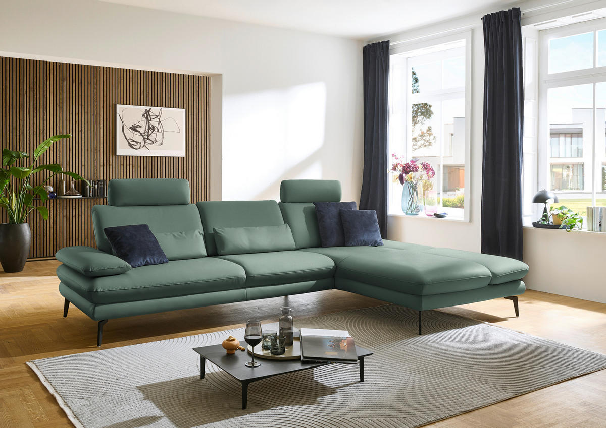 ECKSOFA in Echtleder Opal  - Opal/Schwarz, Design, Leder/Metall (308/195cm) - Dieter Knoll