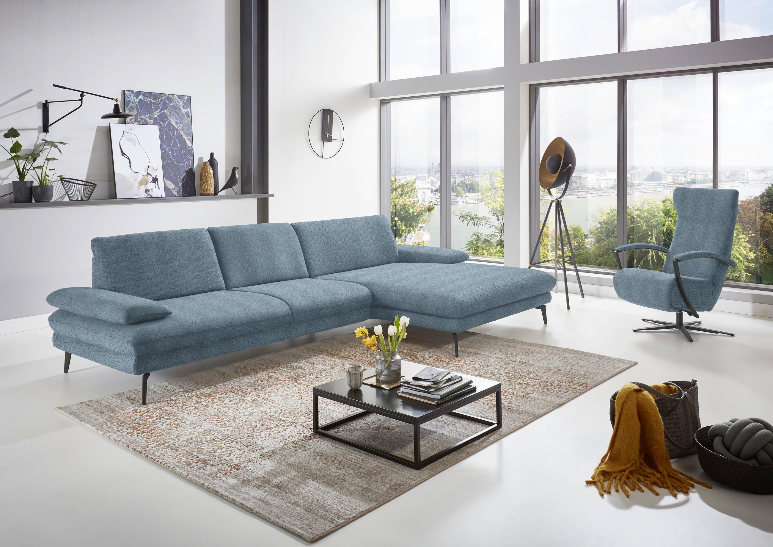 ECKSOFA in Chenille Blau  - Blau/Schwarz, Design, Textil/Metall (310/180cm) - Dieter Knoll