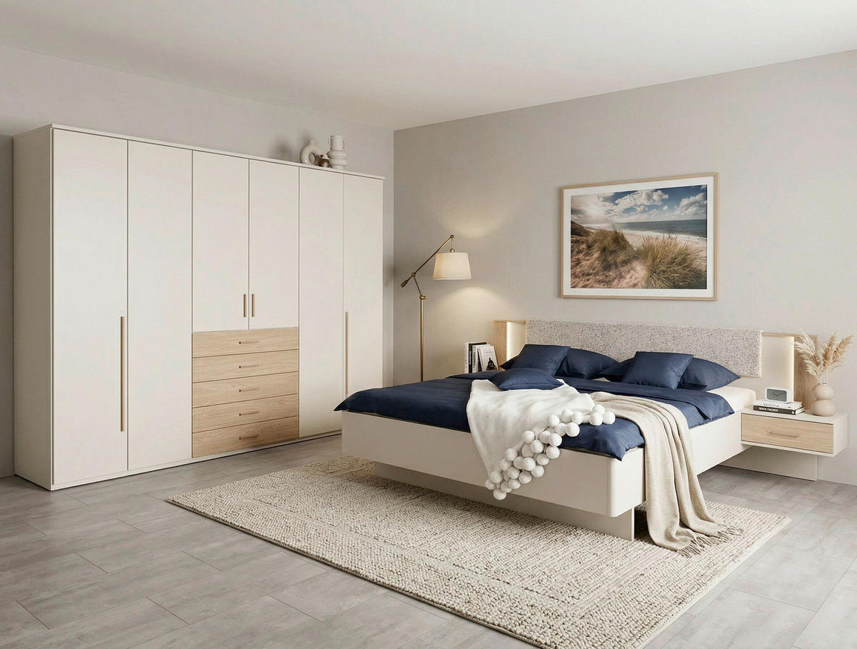 POSTELJNA GARNITURA  180 cm  x  200 cm , leseni material barve hrasta, kašmir  - kašmir/barve hrasta, Konvencionalno, leseni material (180/200cm) - Xora