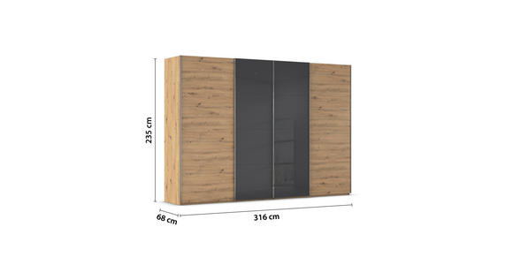 SCHWEBETÜRENSCHRANK 316/235/68 cm 4-türig Schwarz, Eiche Artisan - Chromfarben/Schwarz, KONVENTIONELL, Glas/Holzwerkstoff (316/235/68cm) - Novel