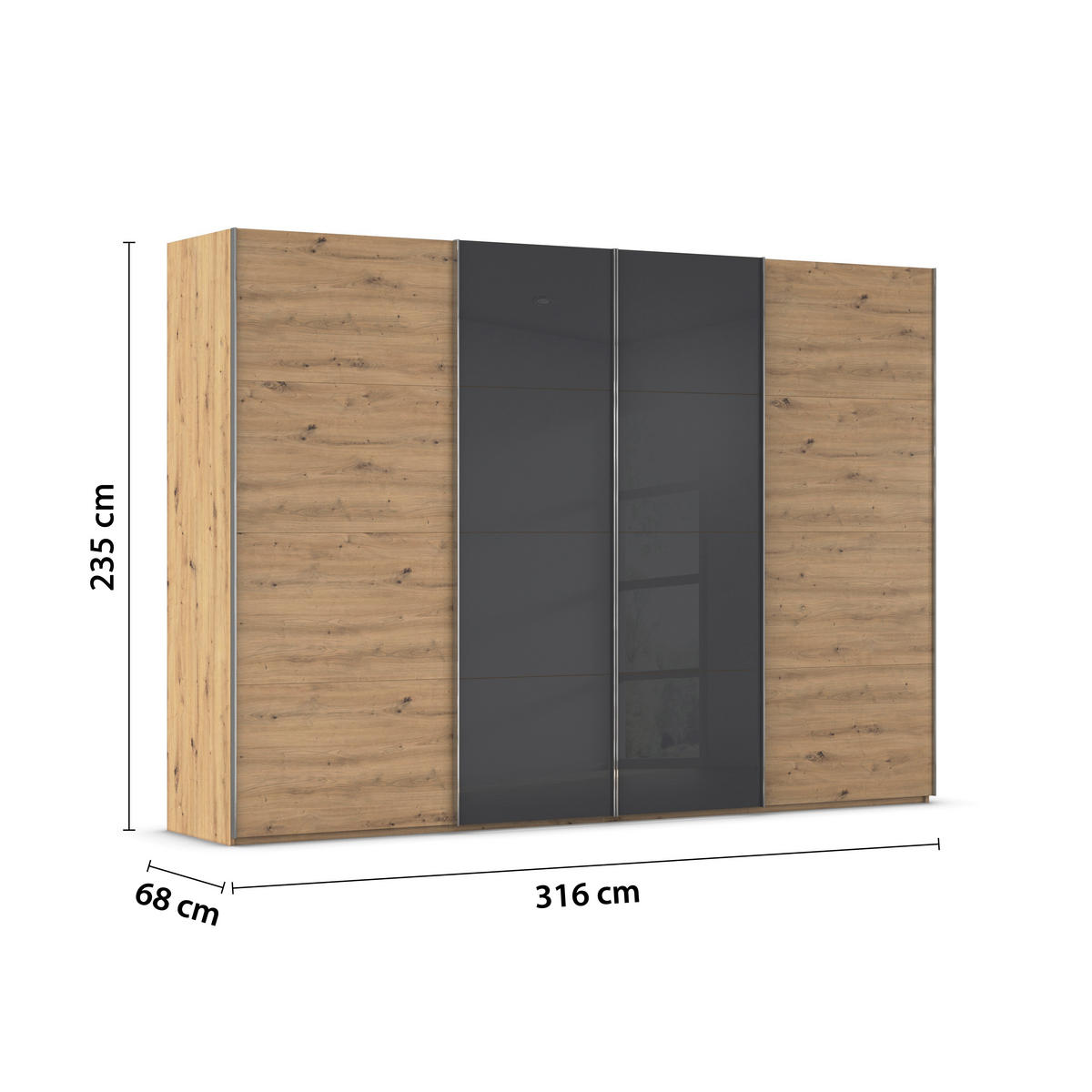 SCHWEBETÜRENSCHRANK 316/235/68 cm 4-türig Schwarz, Eiche Artisan  - Chromfarben/Schwarz, KONVENTIONELL, Glas/Holzwerkstoff (316/235/68cm) - Novel