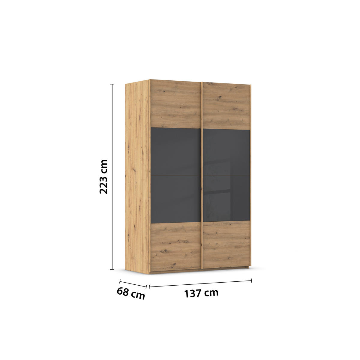 SCHWEBETÜRENSCHRANK 137/223/68 cm 2-türig Schwarz, Eiche Artisan  - Eichefarben/Schwarz, Design, Glas/Holzwerkstoff (137/223/68cm) - Xora