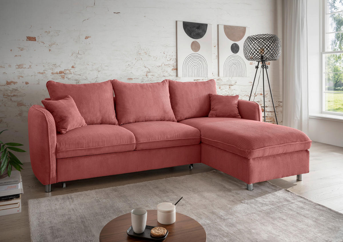 ECKSCHLAFSOFA in Cord Koralle  - Chromfarben/Koralle, Modern, Textil/Metall (254/160cm) - Livetastic