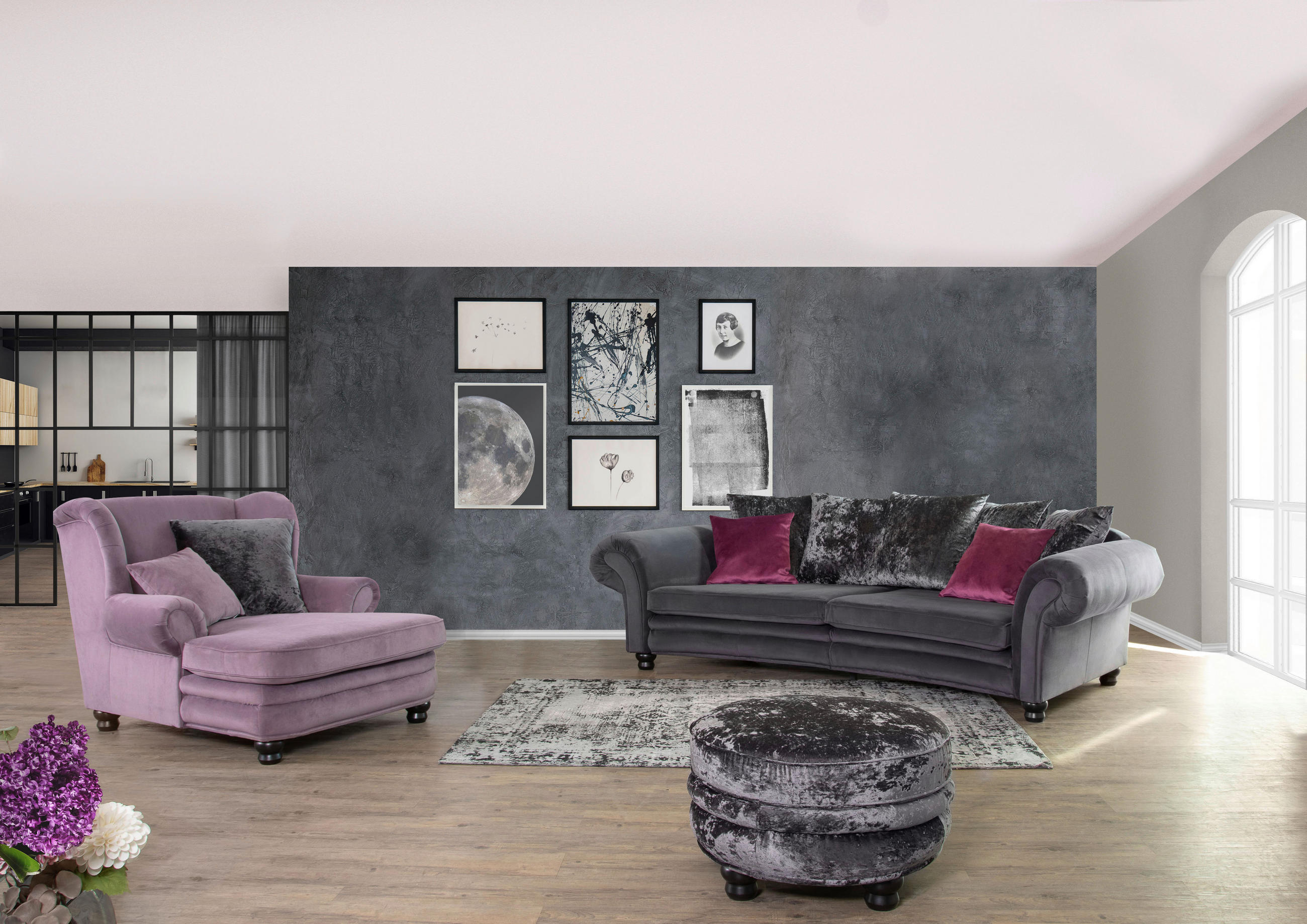 MEGASOFA Flachgewebe Grau  - Pink/Dunkelgrau, ROMANTIK / LANDHAUS, Holz/Textil (276/81/140cm) - Landscape