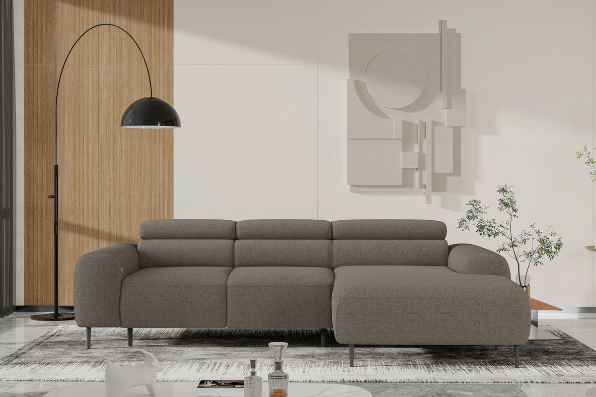 ECKSOFA Hellbraun Struktur Rücken echt, Kopfteilverstellung, Sitztiefenverstellung  - Hellbraun/Schwarz, MODERN, Textil/Metall (274/179cm) - Welnova