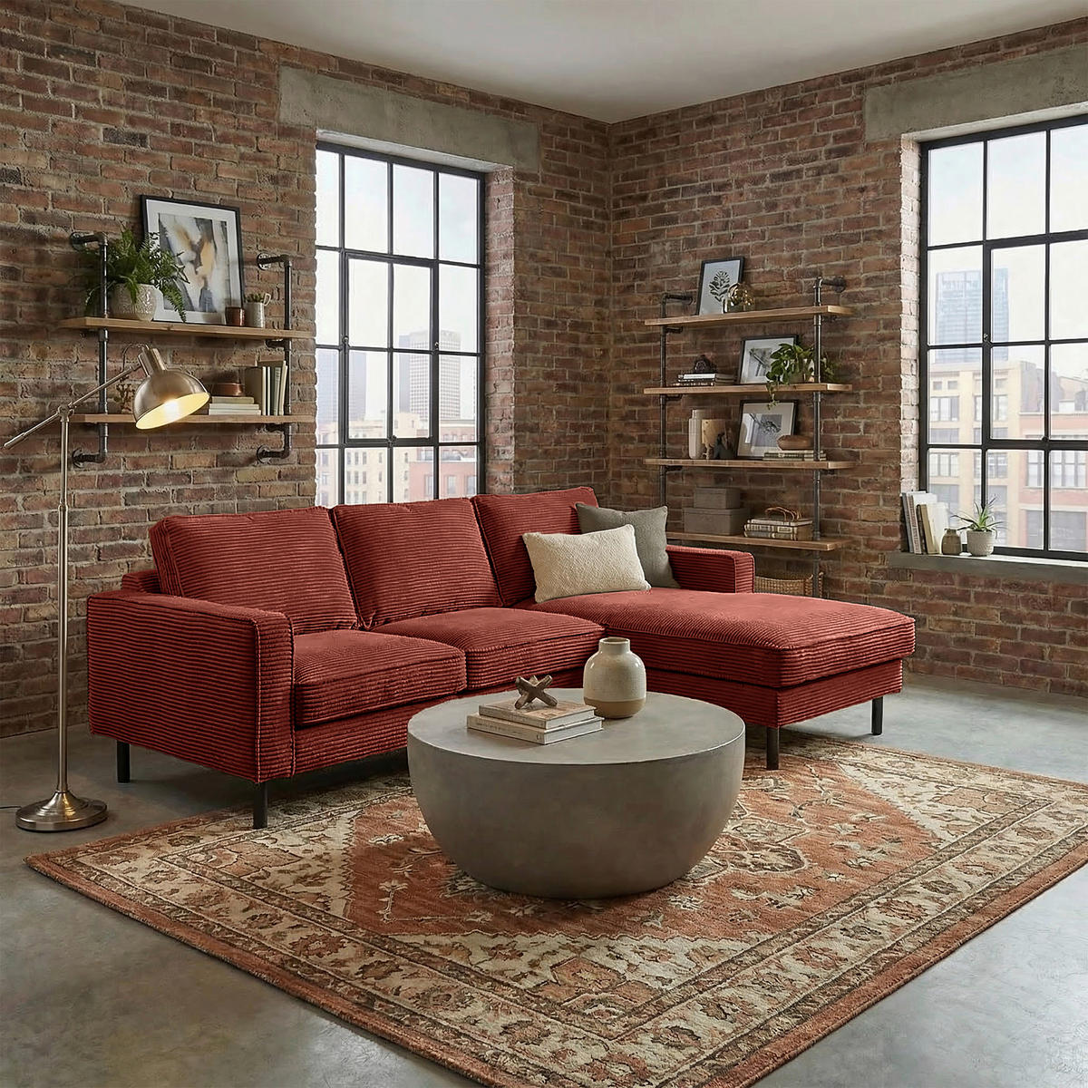 ECKSOFA  in Cord Rot Rücken echt  238/166 cm  - Rot/Schwarz, Design, Textil/Metall (238/166cm) - Livetastic