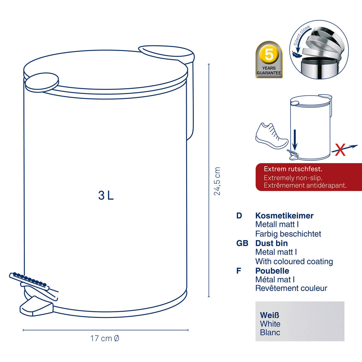 KOSMETIKEIMER MATS 3 L  - Schwarz/Weiß, Basics, Kunststoff/Metall (17/23cm) - Kela
