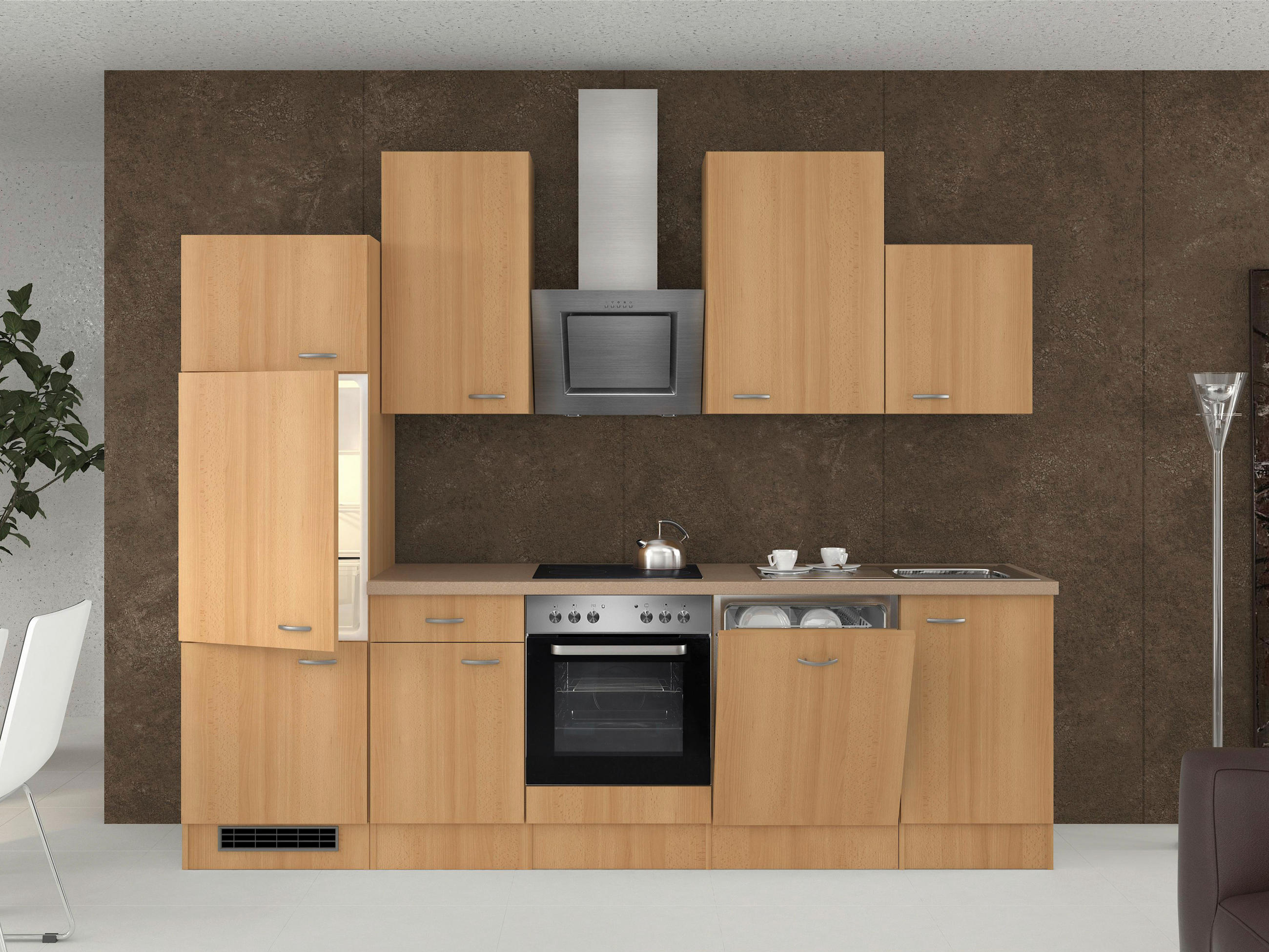 KÜCHENBLOCK 280 cm in Buchefarben - Edelstahlfarben/Beige, MODERN, Holzwerkstoff/Kunststoff (280cm) - FlexWell