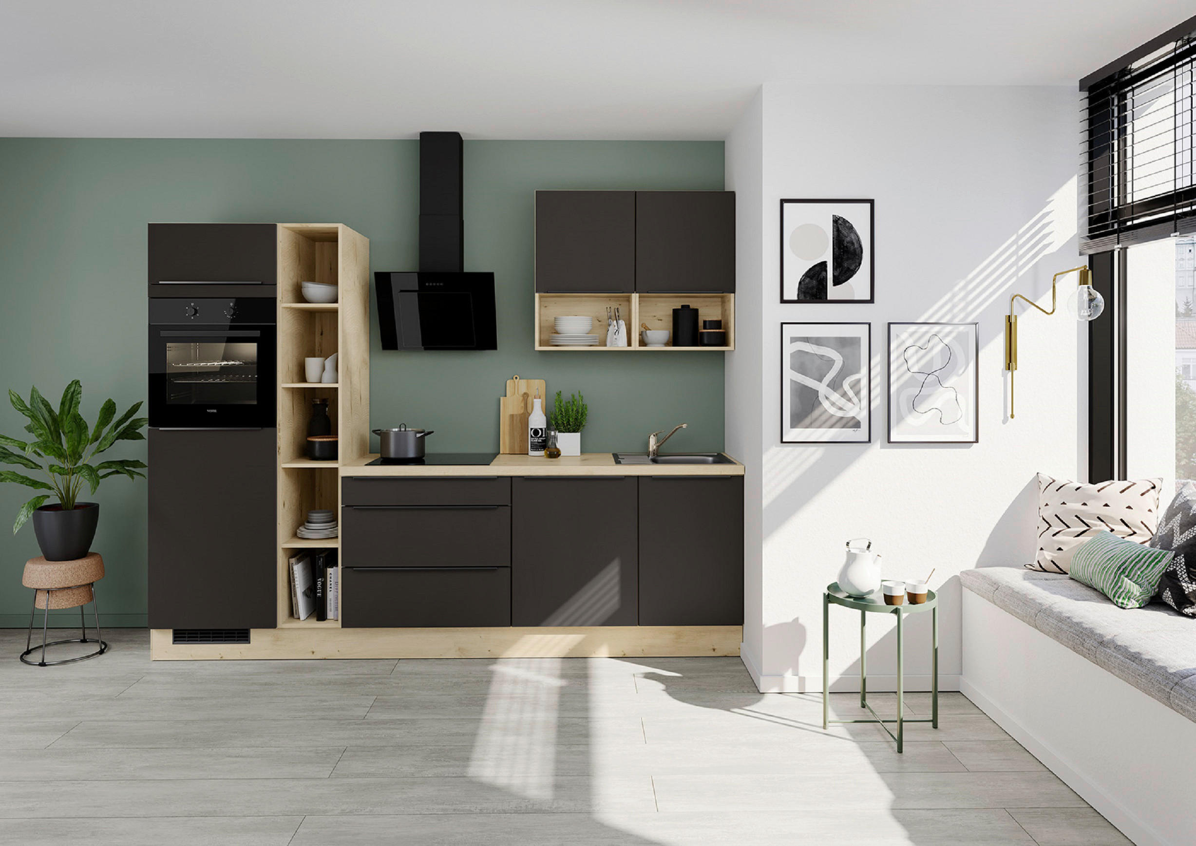 KÜCHENBLOCK 280 cm   in Braun  - Eichefarben/Schwarz, Design, Holzwerkstoff/Metall (280cm) - Impuls