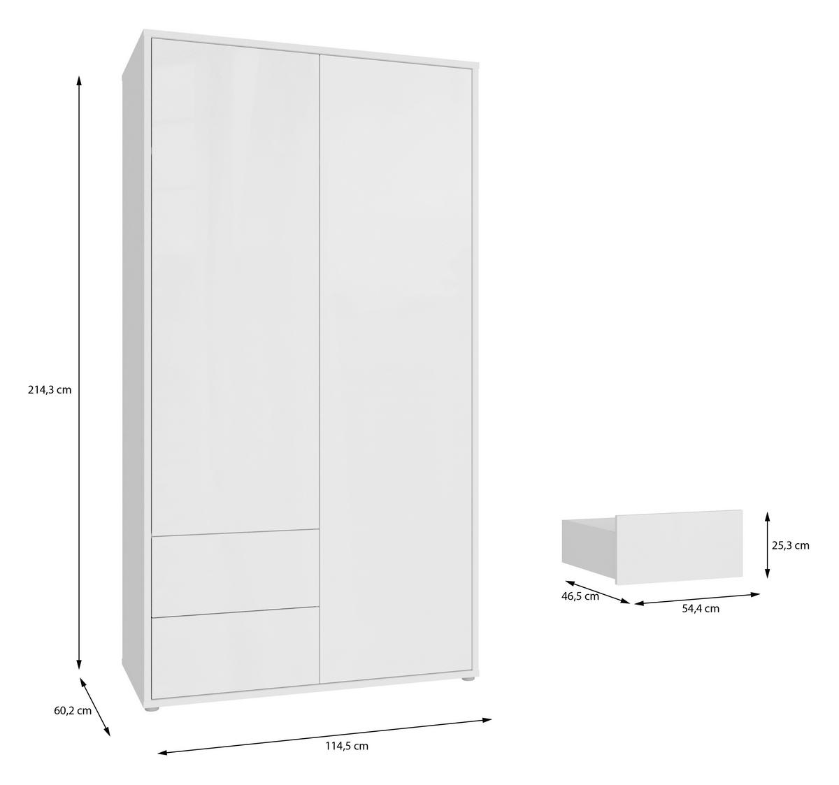 DREHTÜRENSCHRANK 115/214/60 cm,  in Weiß, Weiß Hochglanz, 2-türig  - Weiß Hochglanz/Weiß, Trend, Holzwerkstoff (115/214/60cm) - Carryhome