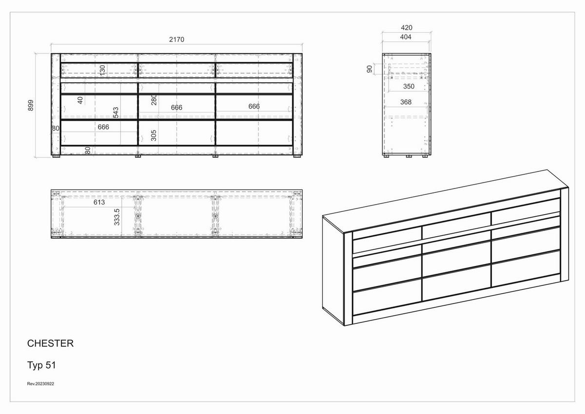 SIDEBOARD  217/90/42 cm 3 Schublade(n)  - Eichefarben/Weiß, Design, Holzwerkstoff (217/90/42cm) - MID.YOU