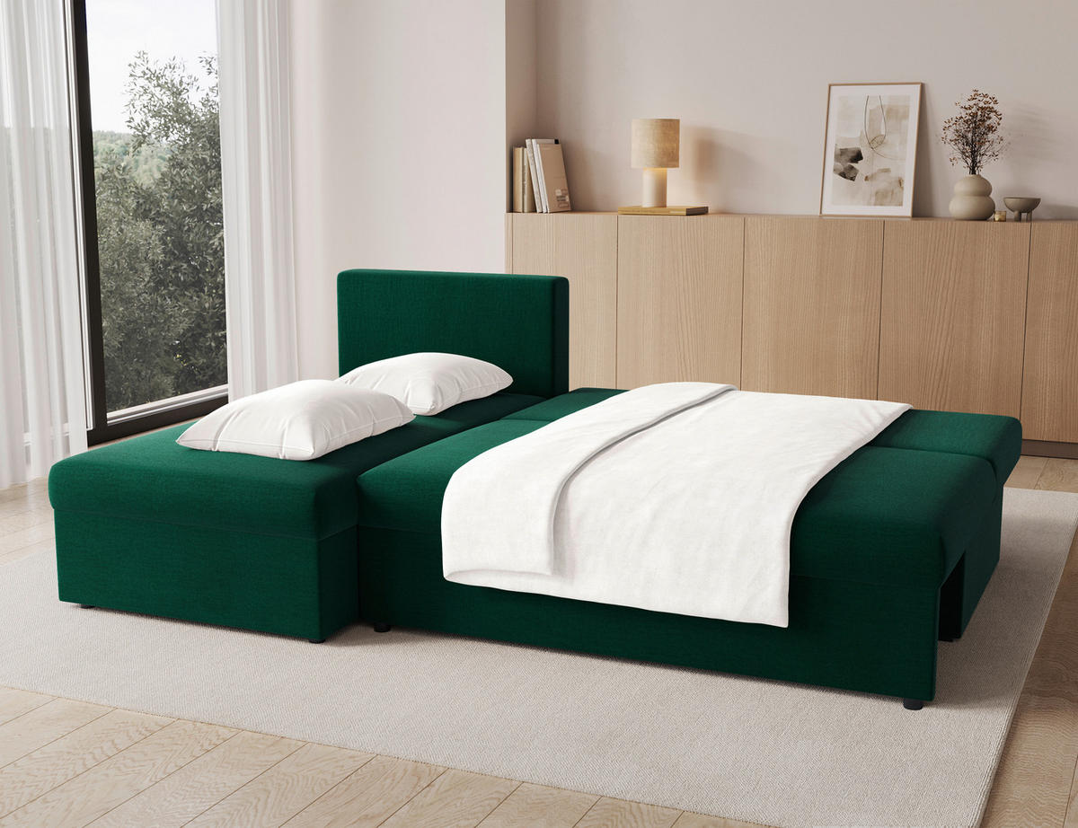 ECKSOFA GINO in Samt Dunkelgrün  201/143 cm  - Dunkelgrün/Schwarz, Design, Kunststoff/Textil (201/143cm) - MID.YOU