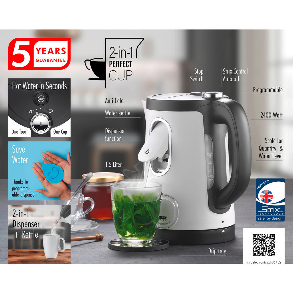 Thumbnail - Trisa Electronics Wasserkocher, Weiß, Kunststoff, 1.5 L, 360°-Sockel, Anti-Rutsch-Füße, ergonomischer Griff, Küchengerät...