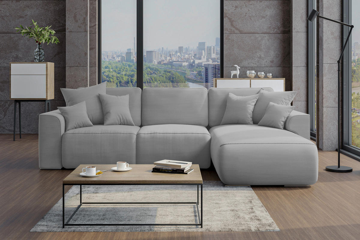 ECKSOFA in Cord Grau  - Chromfarben/Grau, Konventionell, Kunststoff/Textil (293/195cm) - MID.YOU