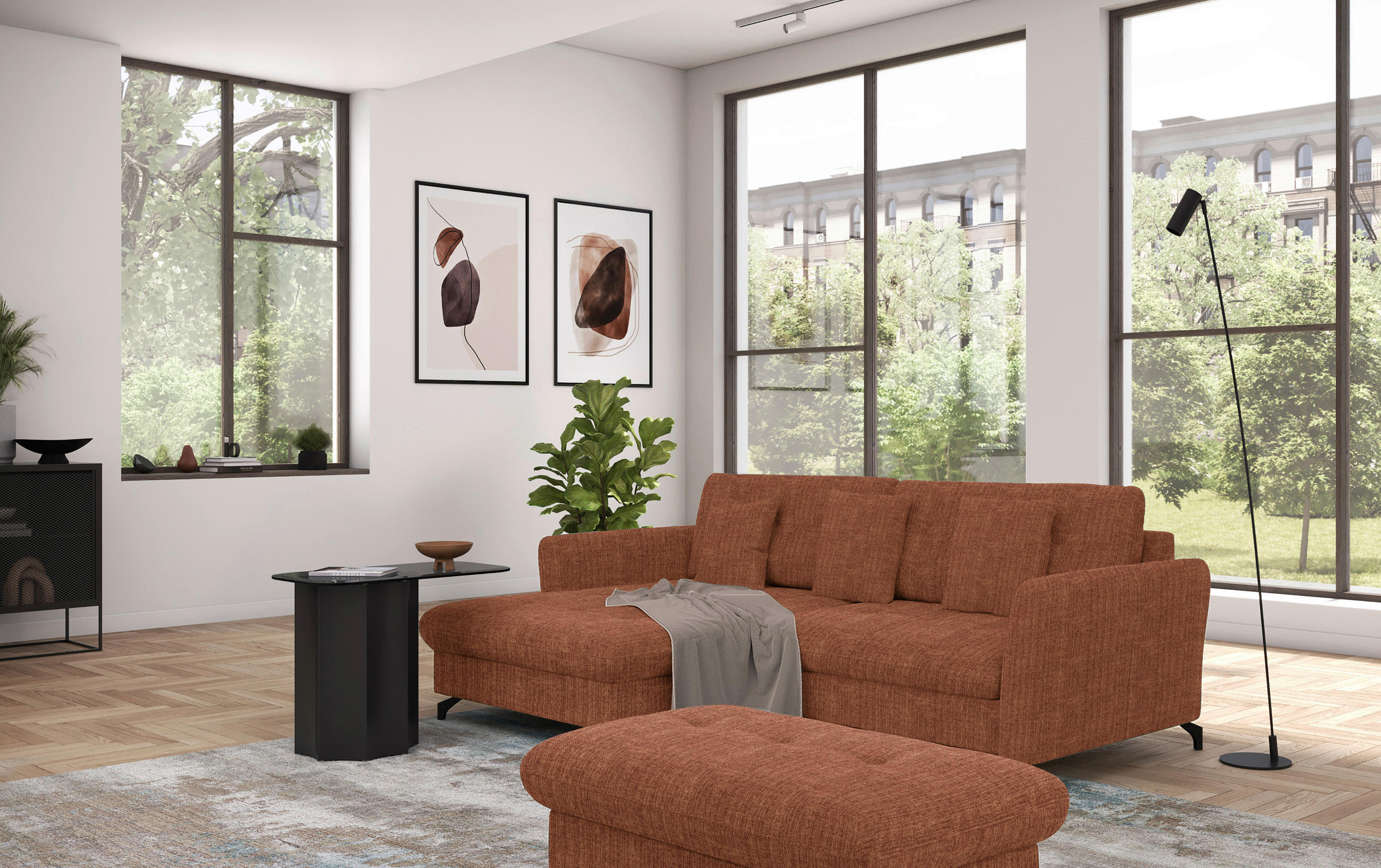 ECKSOFA in Flachgewebe, Leinenoptik Cognac  - Cognac/Schwarz, Design, Textil/Metall (170/242cm) - Xora