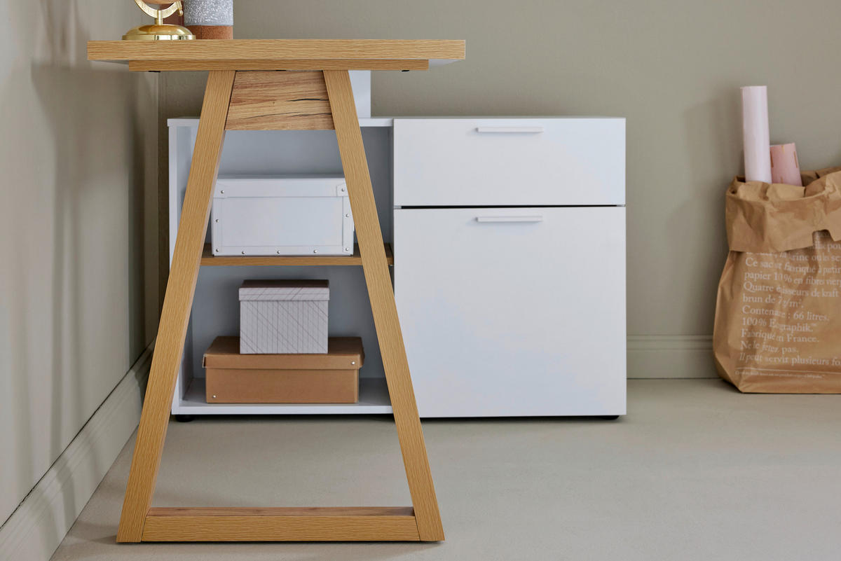 BUREAU D'ANGLE 120-130/55-95/76,2 cm  in Weiss, Eichefarben  - Weiss/Eichefarben, Modern, Holzwerkstoff/Metall (120-130/55-95/76,2cm) - Novel