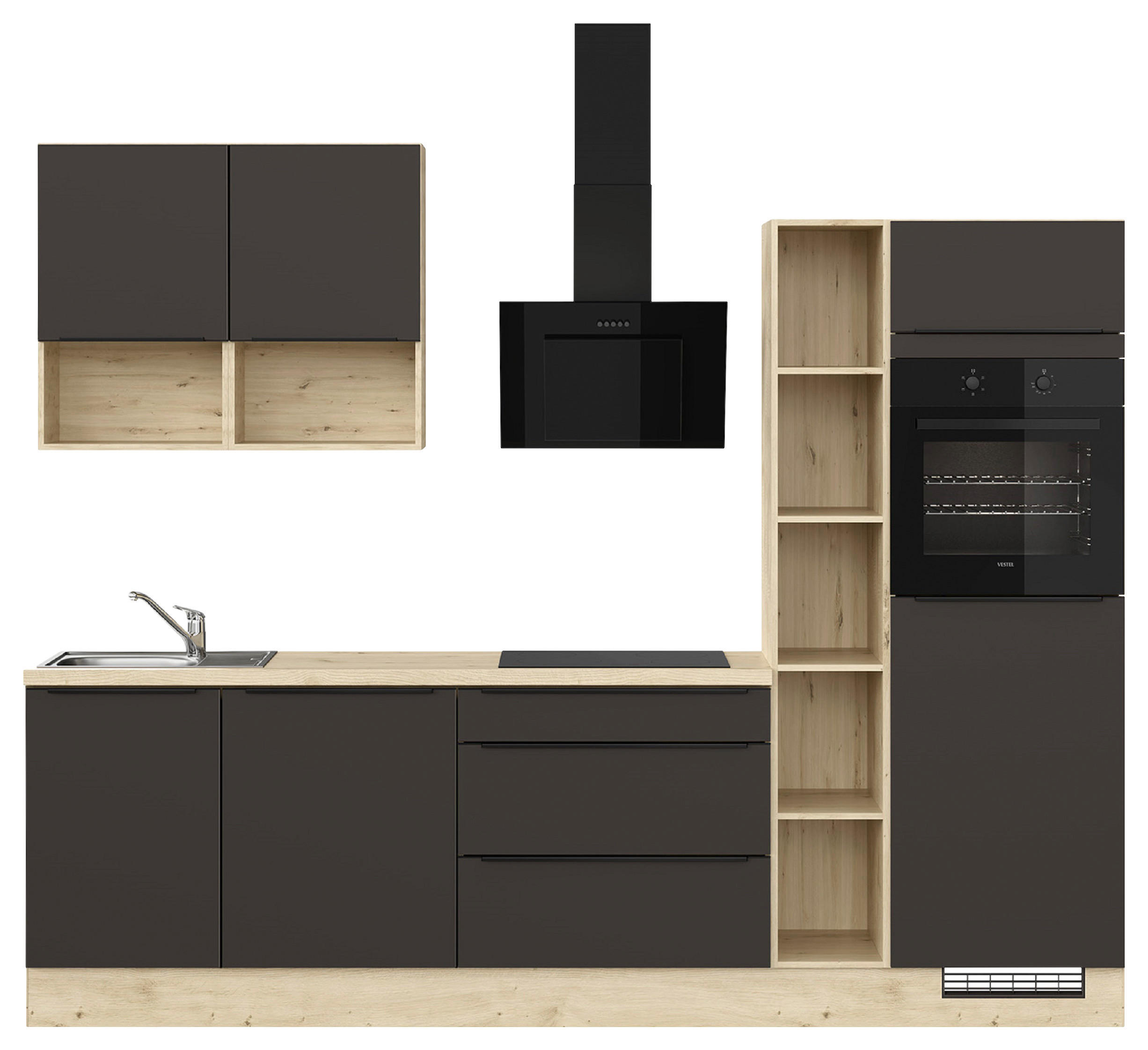 KÜCHENBLOCK 280 cm   in Braun  - Eichefarben/Schwarz, Design, Holzwerkstoff/Metall (280cm) - Impuls