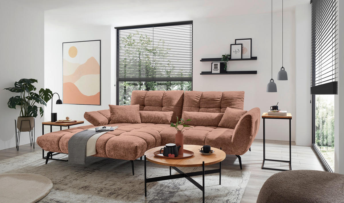 ECKSOFA Kupferfarben Flachgewebe Rücken echt, Sitztiefenverstellung  - Schwarz/Kupferfarben, KONVENTIONELL, Textil/Metall (211/273cm) - SetOne by Musterring