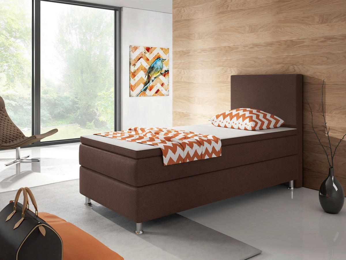 BOXSPRINGBETT 90/200 cm,  in Braun, Matratze, gepolstertes Kopfteil, Topper, H3 = fest  - Silberfarben/Braun, KONVENTIONELL, Textil/Metall (90/200cm) - MID.YOU