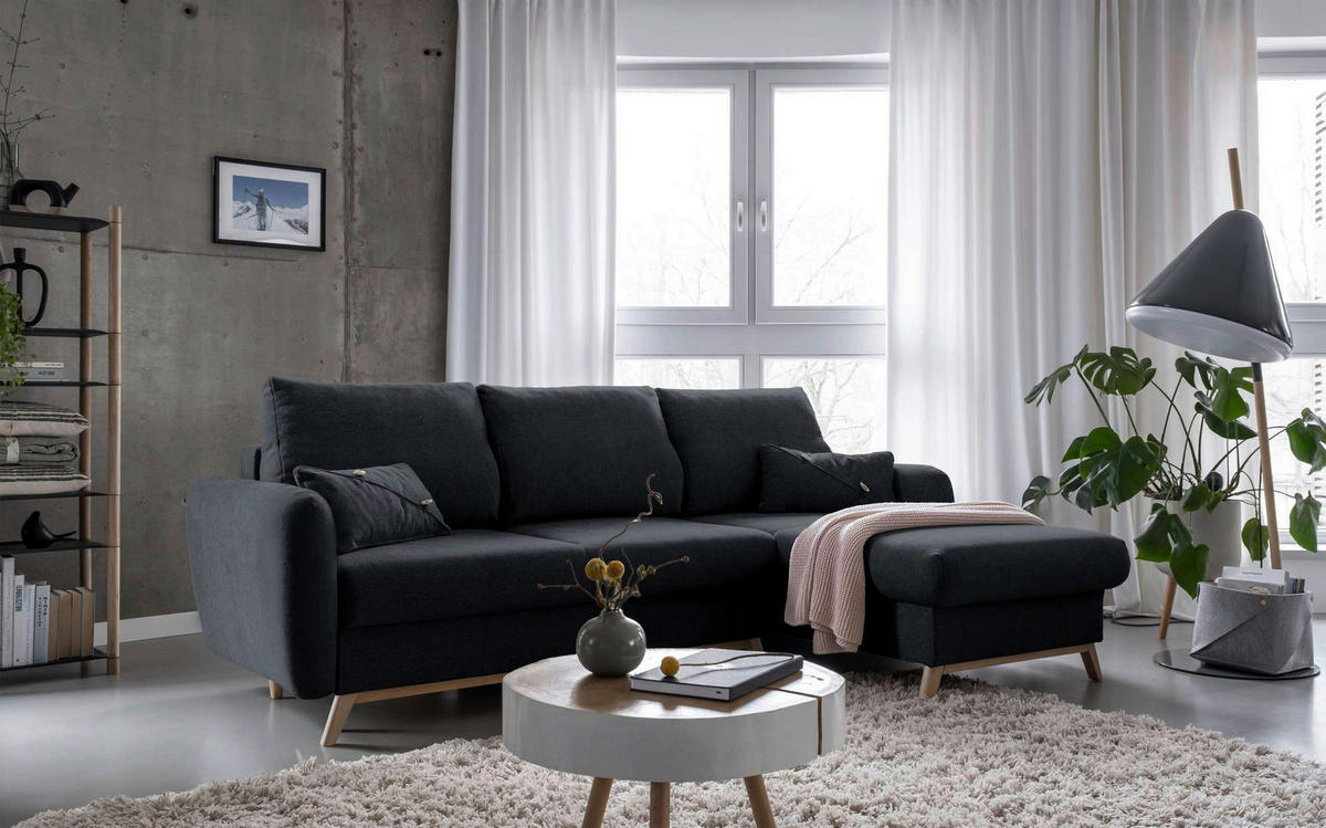 Colțar, textil, gri închis, 235/157 cm - gri închis/culoare natur, lemn/textil (235/157cm) - MID.YOU