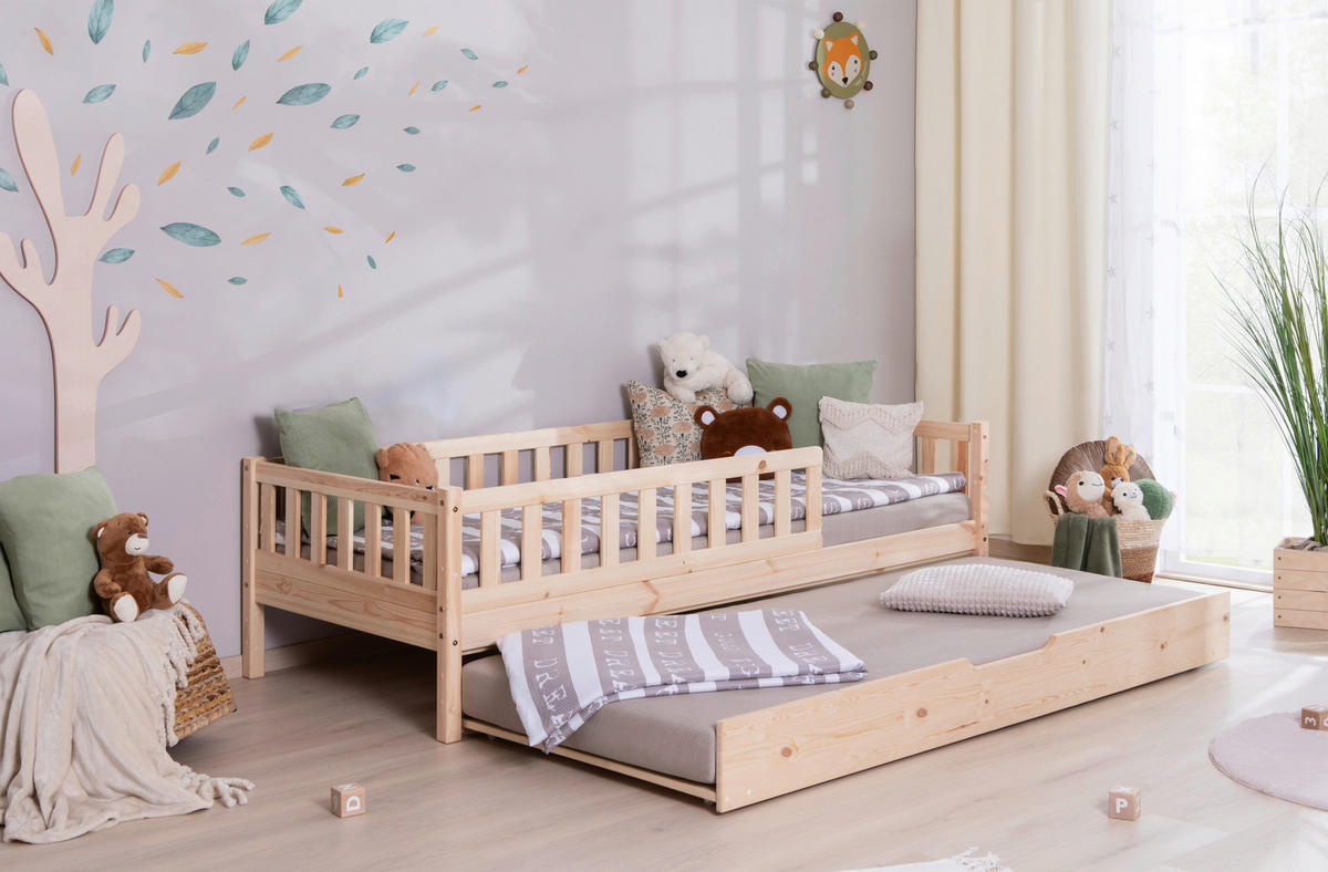 HAUSBETT 100/200 cm,  in Naturfarben, Absturzsicherung, Matratze, Rollrost, Bettkasten  - Naturfarben, MODERN, Holz/Textil (100/200cm) - MID.YOU