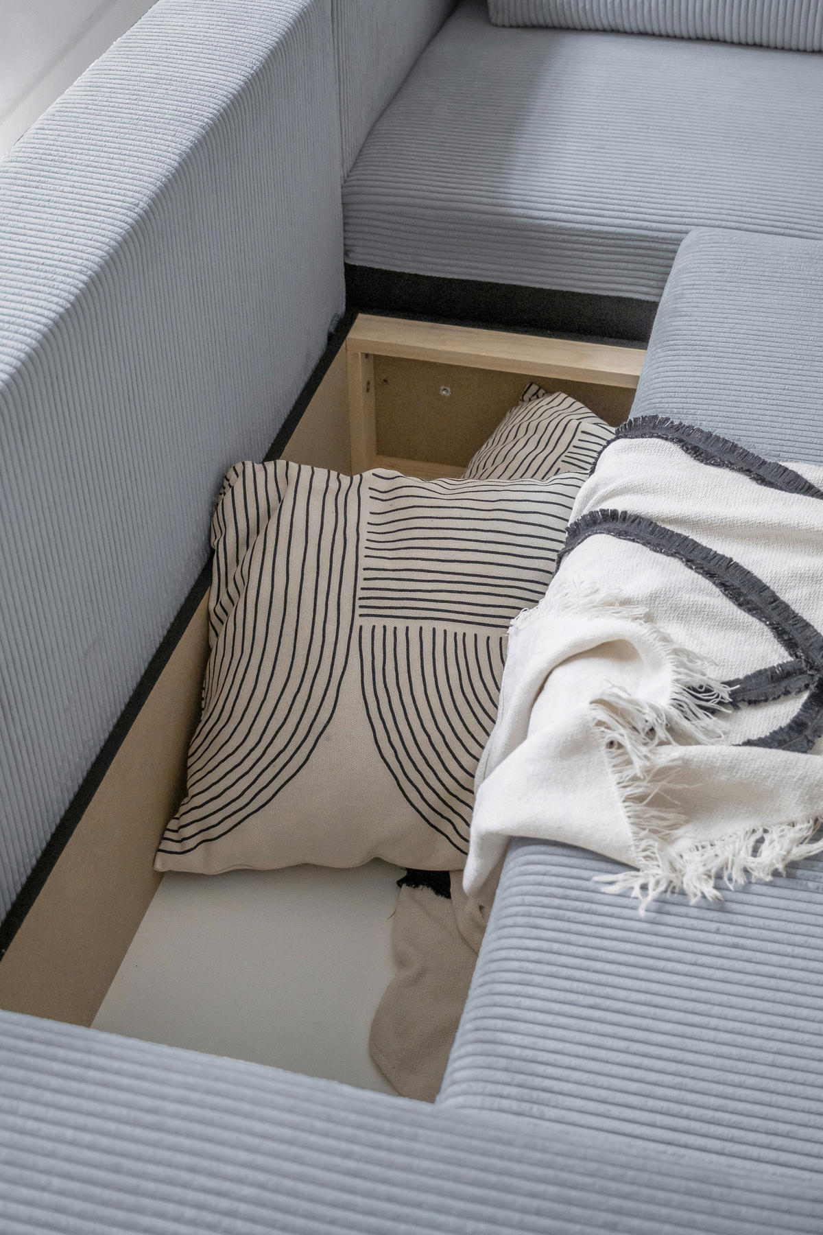 ECKSOFA Hellgrau Cord Rückenkissen, Bettkasten  - Hellgrau/Schwarz, Design, Kunststoff/Textil (247/194cm) - MID.YOU