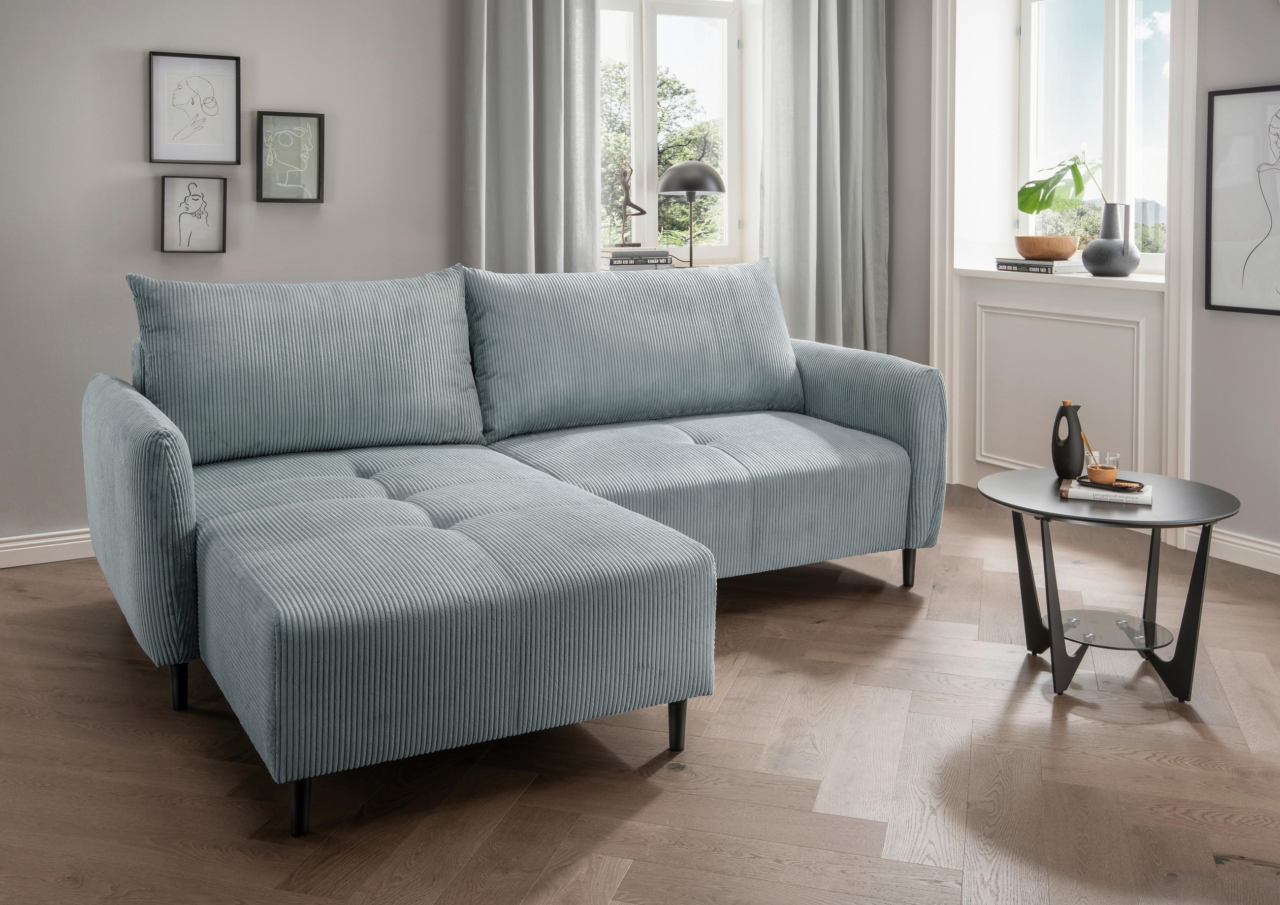 ECKSOFA in Cord Hellblau  - Schwarz/Hellblau, Basics, Holz/Textil (238/174cm) - Livetastic