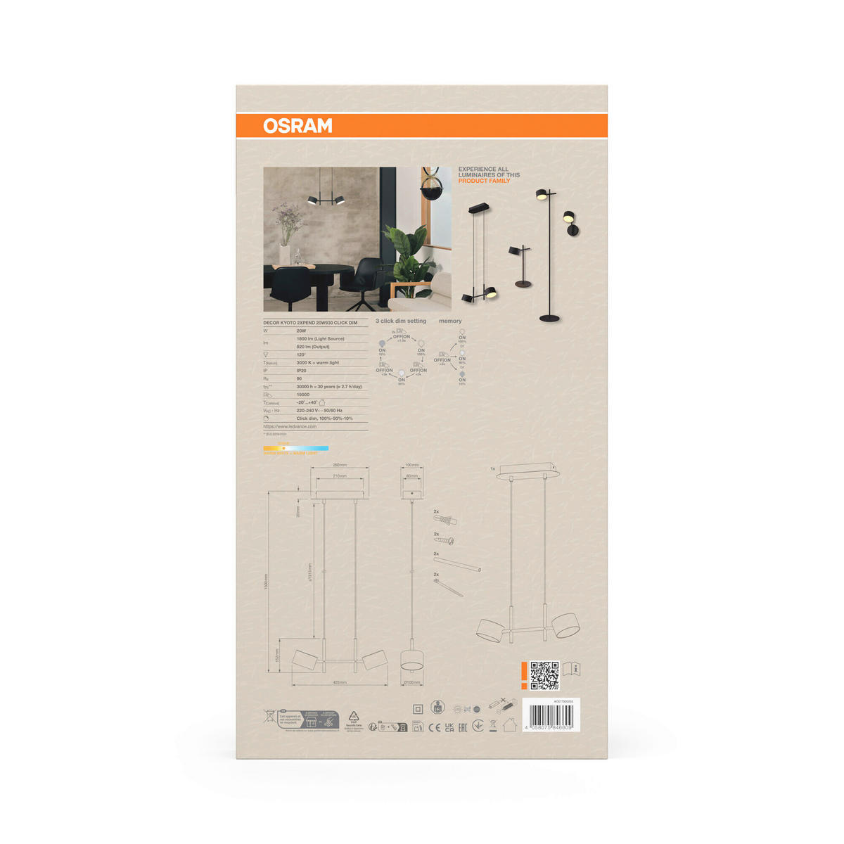 LED-PENDELLEUCHTE 42,5/10/150 cm  - Schwarz, Design, Kunststoff/Metall (42,5/10/150cm) - Osram
