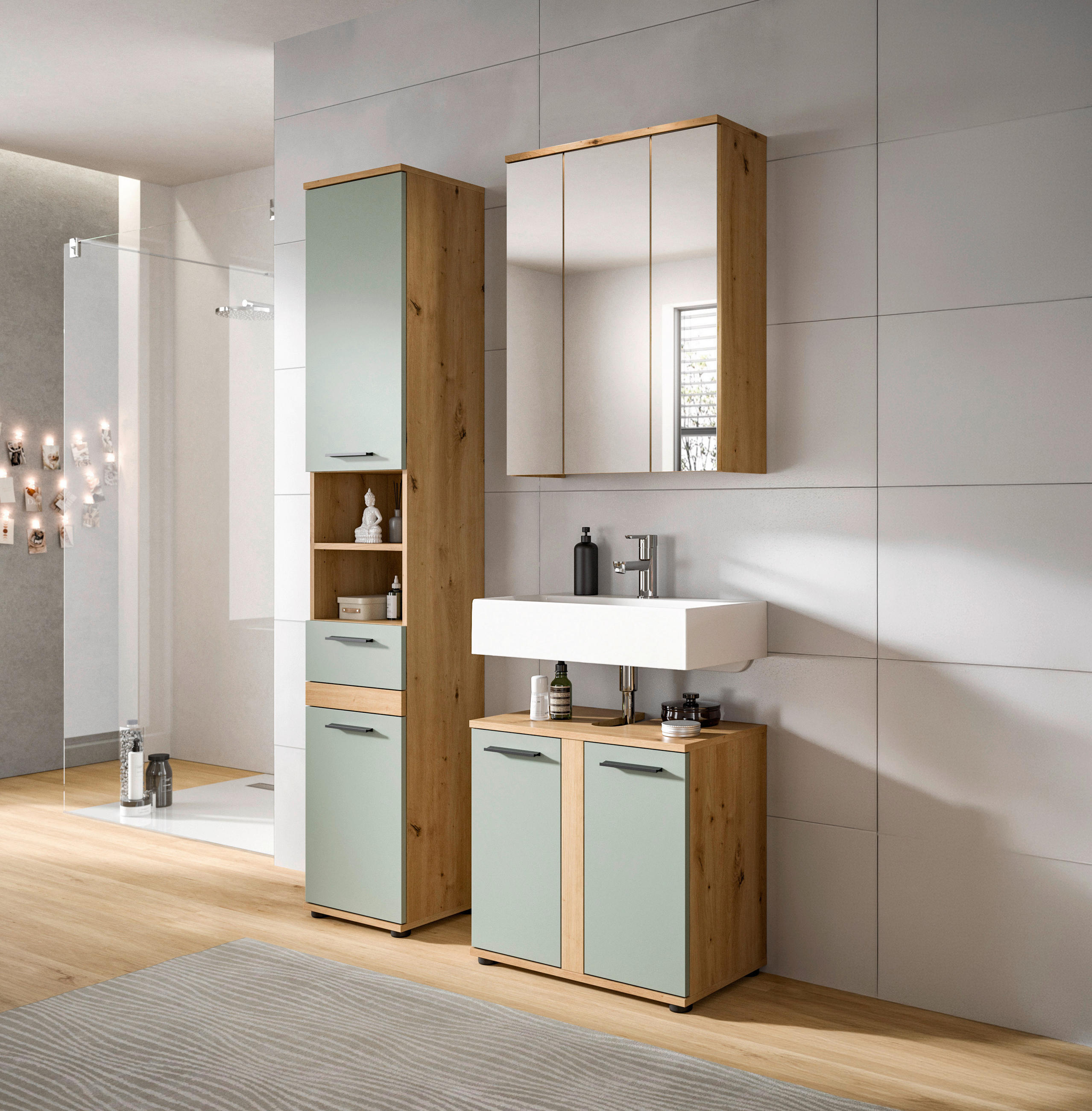 BADEZIMMER 3-teilig  in 110 cm  - Salbeigrün/Schwarz, Trend, Glas/Holzwerkstoff (110cm) - MID.YOU