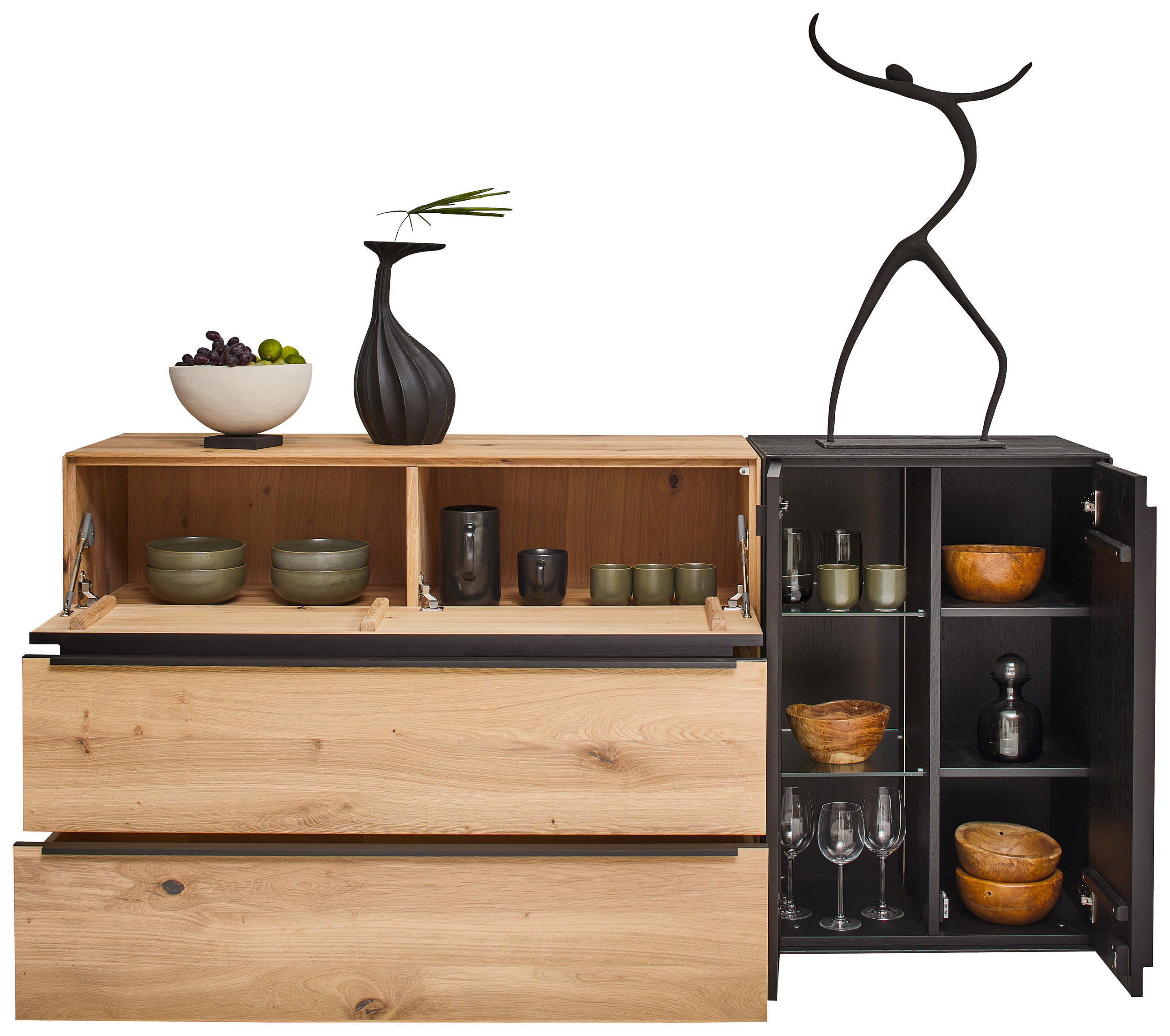 SIDEBOARD Schwarz, Eichefarben  184/90,3/47,1 cm  - Eichefarben/Anthrazit, Natur, Glas/Holz (184/90,3/47,1cm) - Valnatura
