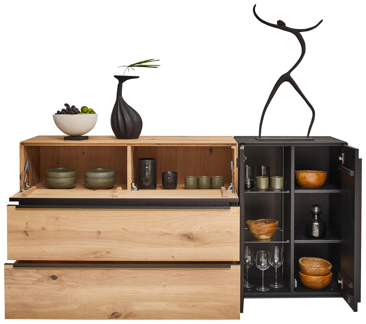 SIDEBOARD Schwarz, Eichefarben  184/90,3/47,1 cm  - Eichefarben/Anthrazit, Natur, Glas/Holz (184/90,3/47,1cm) - Valnatura